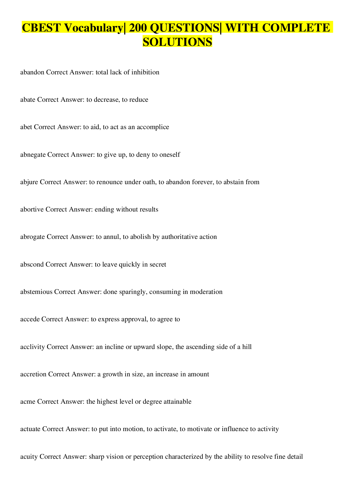 Preview image for CBEST Vocabulary| 200 QUESTIONS| WITH COMPLETE SOLUTIONS